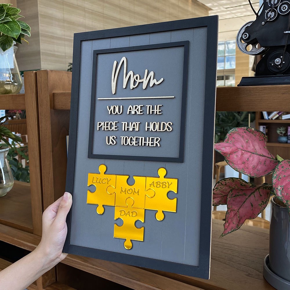Personalized Wood Mom Puzzle Sign with Kids Names Keepsake Gifts for Mom Grandma Mother's Day Gift Ideas