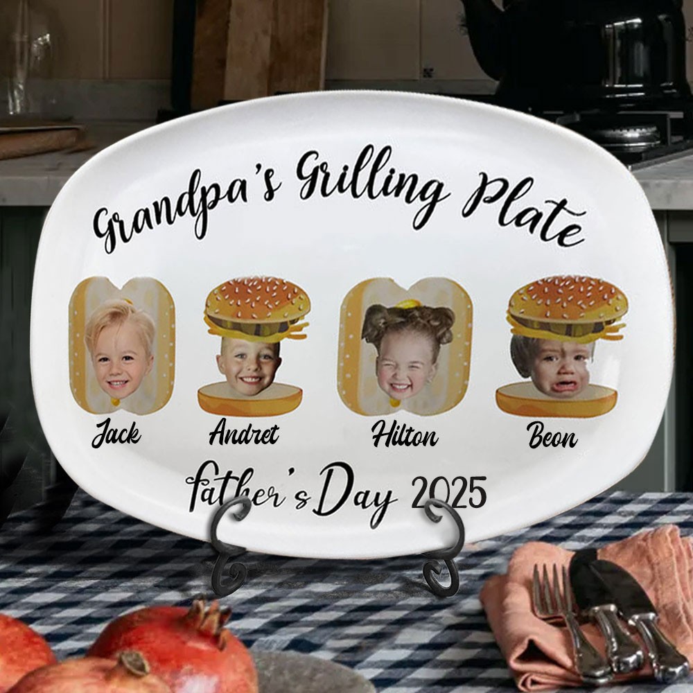 Custom Art Print Kid's Photo Grandpa's Grilling Plate With Names Perfect Father's Day Gift Ideas