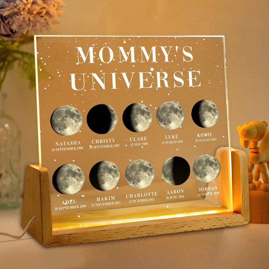 Personalized Mommy's Universe Moon Phase Night Light By Date with Kids Names Gifts for Mom Unique Mother's Day Gift