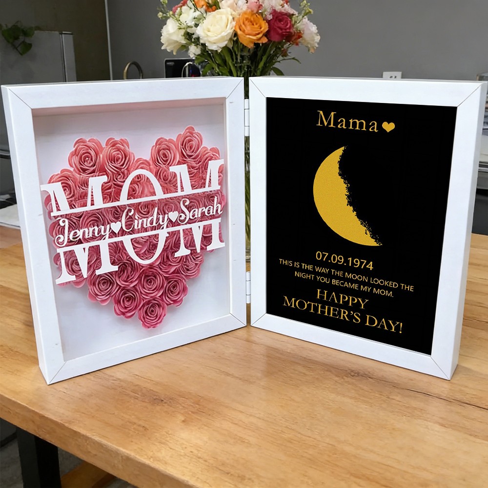 Personalized Flower Shadow Box with Moon Phase Print Frame Unique Gift for Mom Grandma Mother's Day Gifts