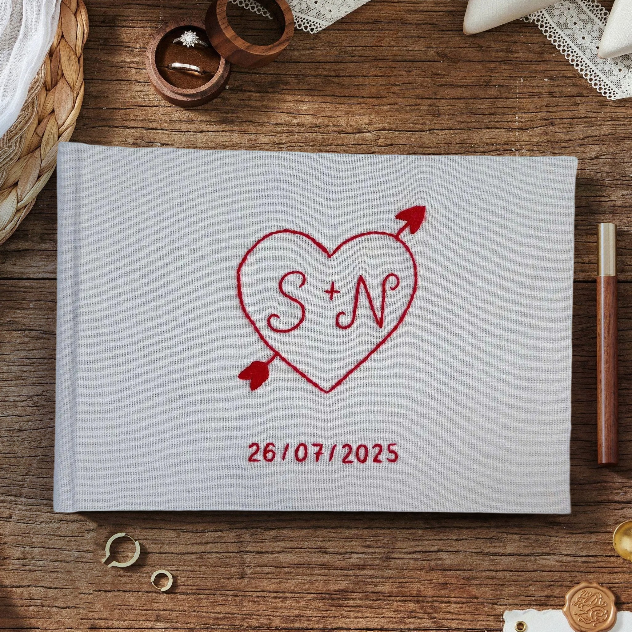 Custom Hand Embroidered Wedding Guest Book with Heart Arrow Design for Couples Unique Wedding Gifts
