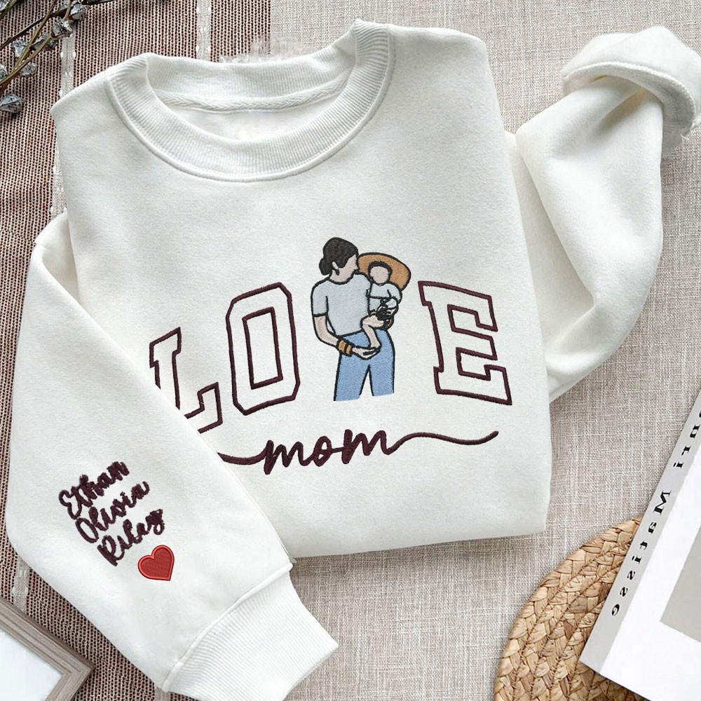 Custom Mom Embroidered Photo Portrait Sweatshirt with Kids Names on Sleeve Gifts for Mom Grandma Mother's Day Gift Ideas