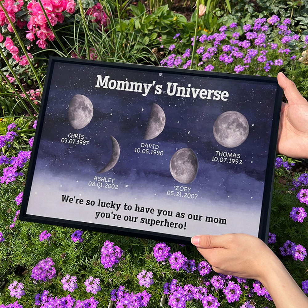 Custom Mommy's Universe Moon Phase Frame By Date with Kids Names Unique Gifts for Mom Mother's Day Gift