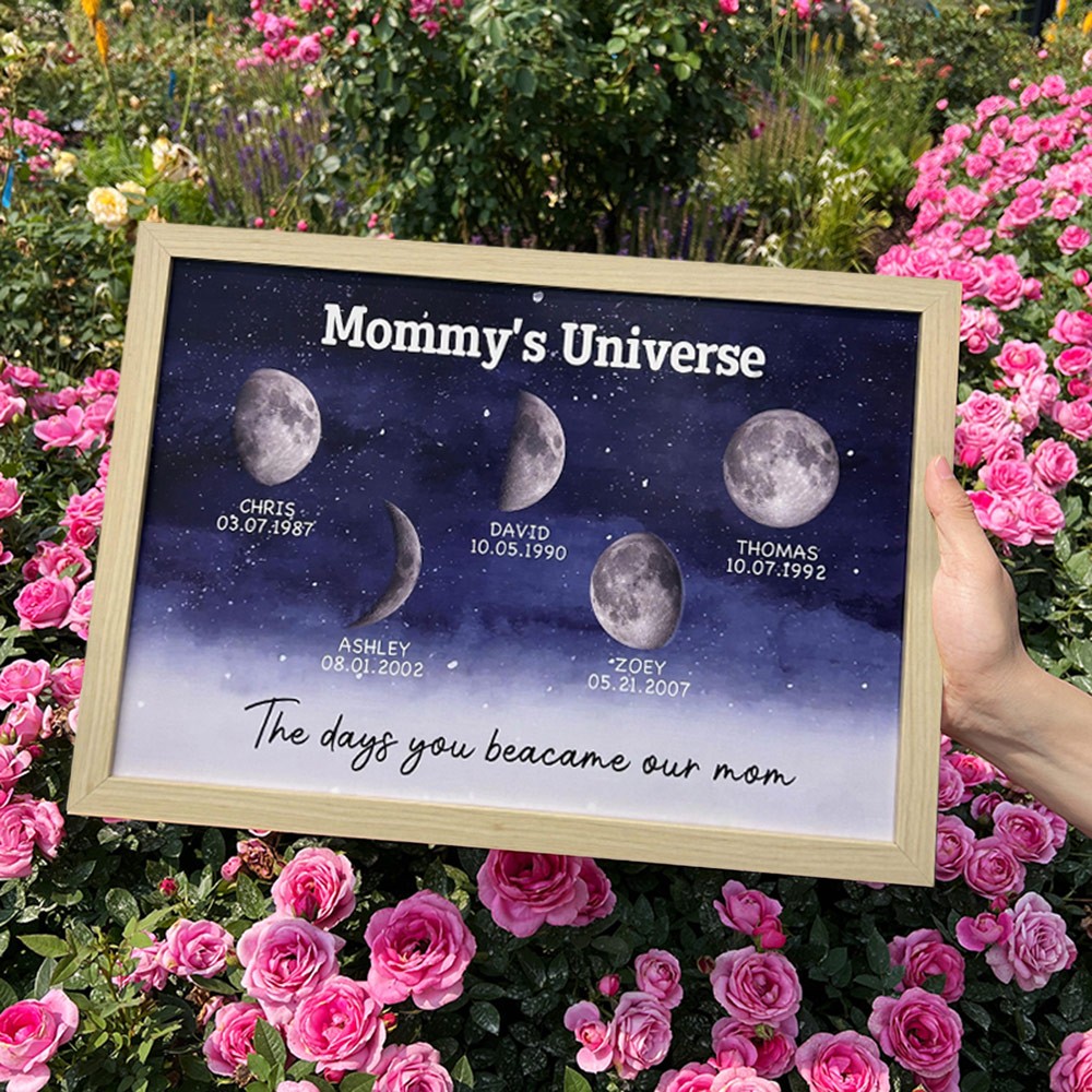 Mommy's Universe Moon Phase Print Frame By Date with Kids Names Custom Gifts for Mom Mother's Day Gift Ideas