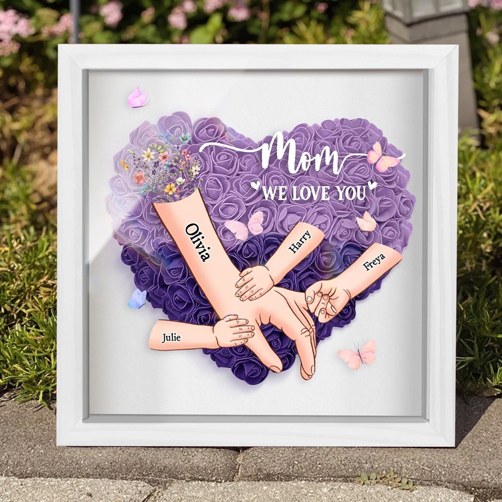 Mom We Love You Holding Hands Heart Flower Shadow Box with Kids Names Personalized Gifts for Mom Mother's Day Gift Ideas
