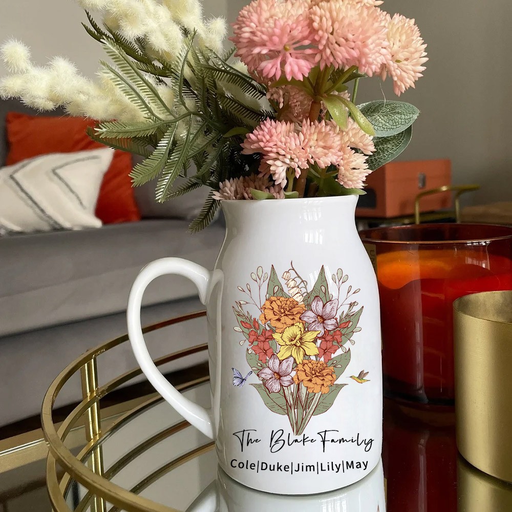 Personalized Family's Garden Bouquet Vase With Birth Flower And Names Mother's Day Gift Love Gift for Grandma Mom 