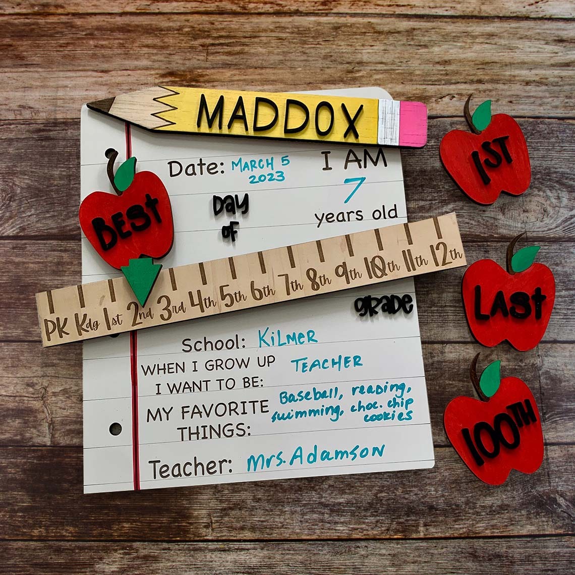 Personalized Interchangeable First/100th/Last Day of School Sign Back to School Gift for Kids