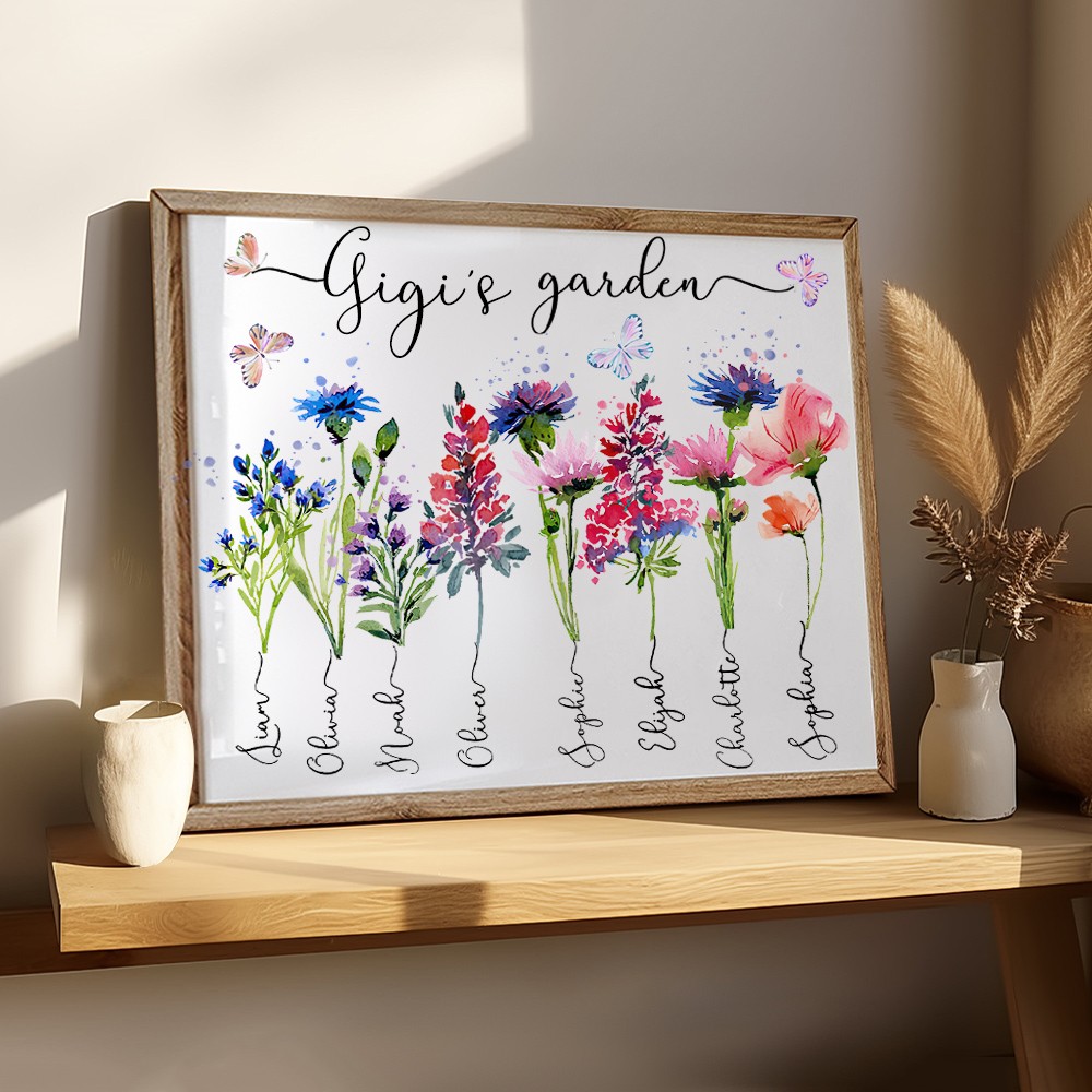 Custom Gigi's Garden Birth Flower Frame Sign with Grandkids Names Family Keepsake Gifts for Mom Grandma Mother's Day Gift Ideas
