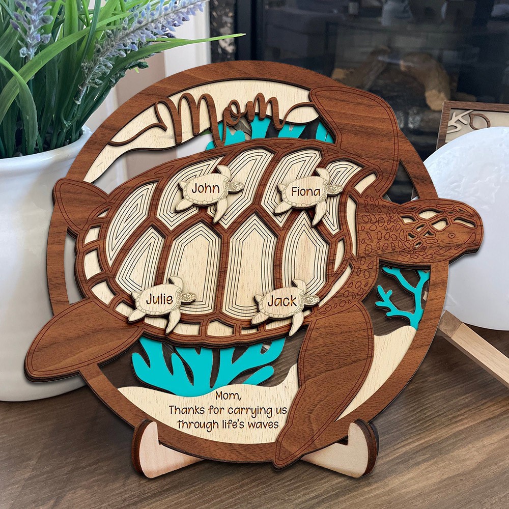 Personalized Sea Turtle Wood Sign with Kids Names Gift Ideas for Mom Grandma Mother's Day Gift