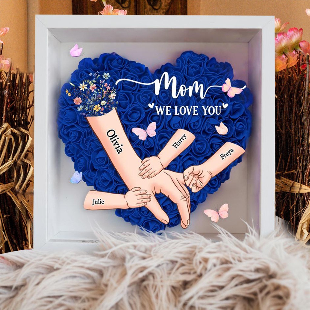 Mom We Love You Holding Hands Heart Flower Shadow Box with Kids Names Personalized Gifts for Mom Mother's Day Gift Ideas