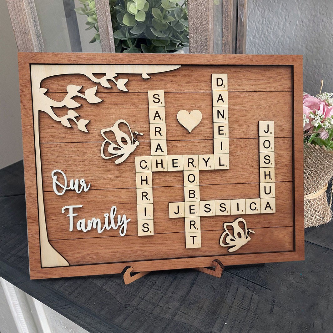 Crossword Scrabble Family Wood Puzzle Plaque Sign with Kids Names Personalized for Mom Family Keepsake Gifts Mother's Day Gift
