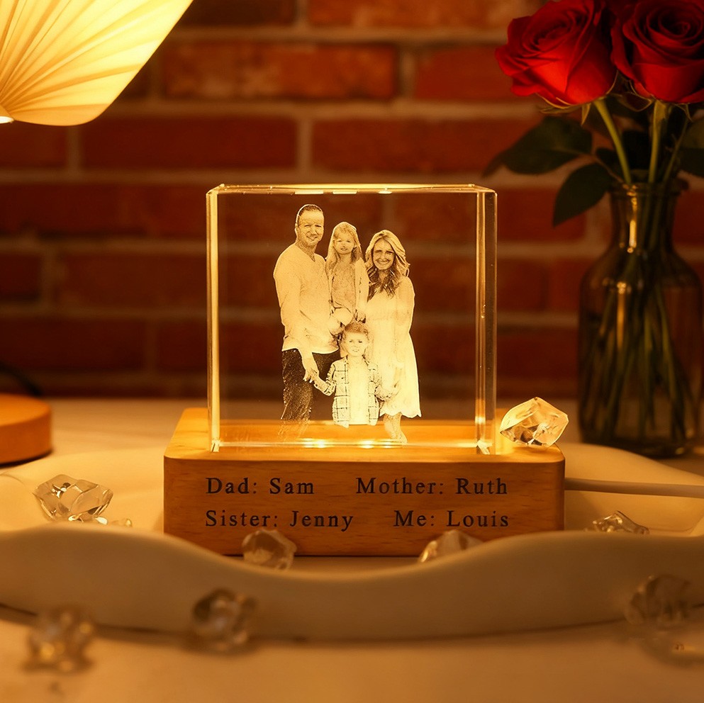 Personalized Square 3D Crystal Photo Portrait Night Light with Base Family Keepsake Gifts Christmas Gift