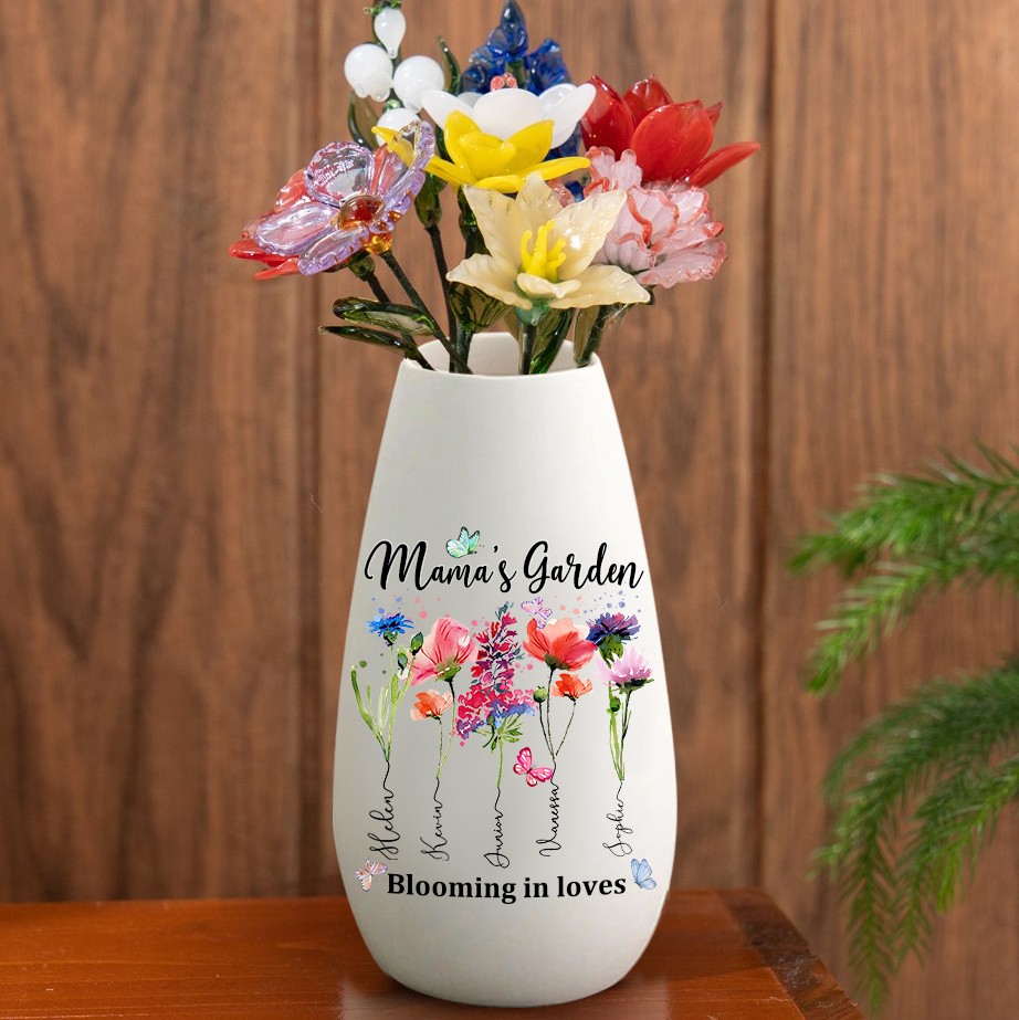 Mama's Garden Birth Month Flower Vase with Kids Names Custom Gifts for Grandma Mom Mother's Day Gift Ideas