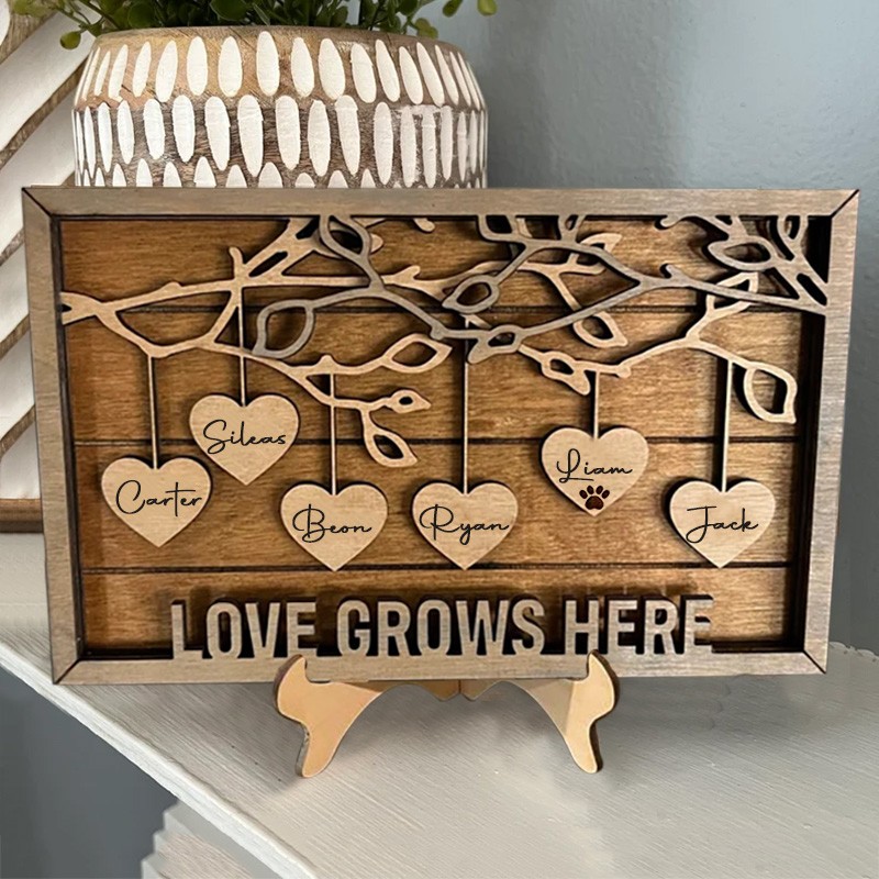 Love Grows Here Wooden Family Tree Sign Personalized Gifts for Mom Grandma Mother's Day Gifts