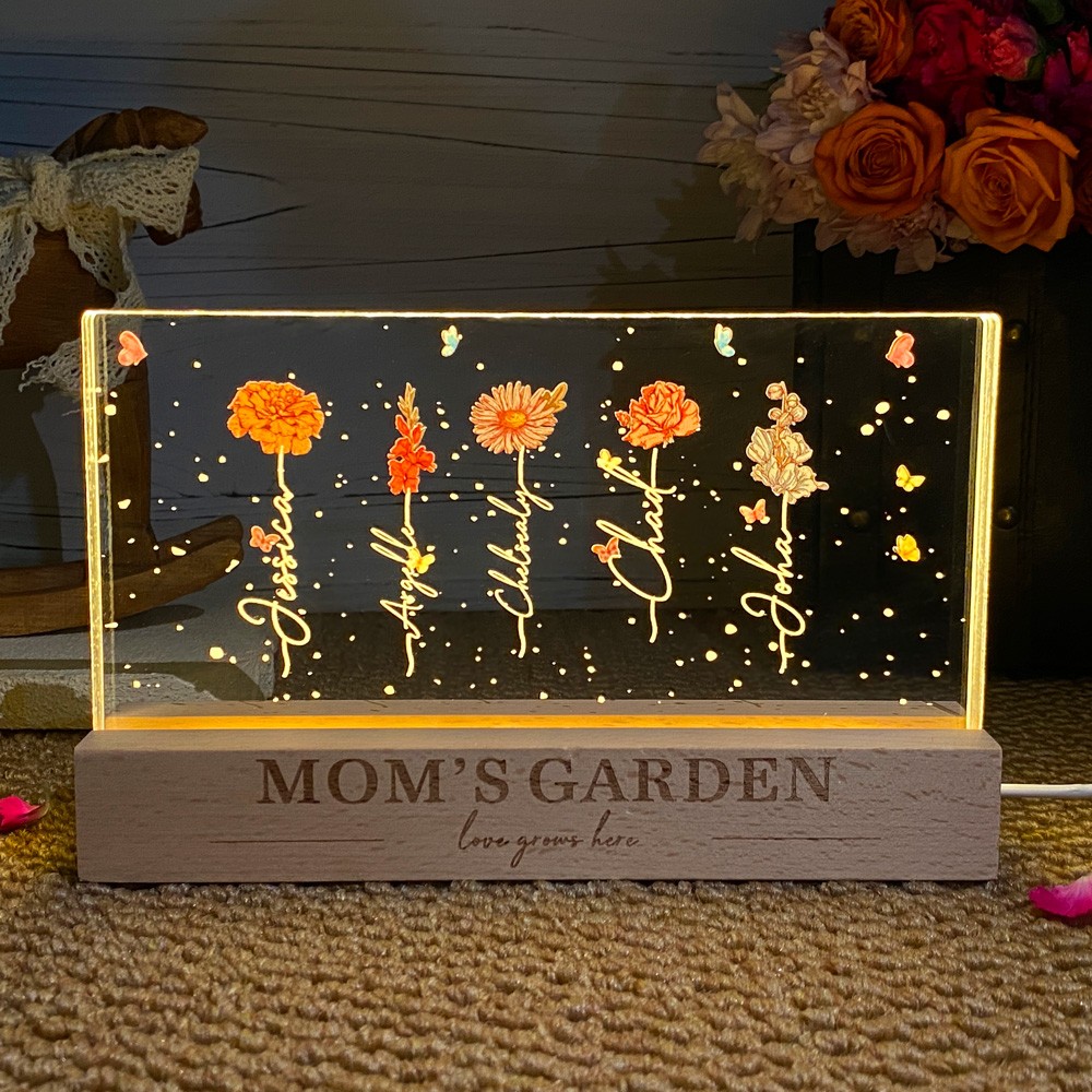 Personalized Mom's Garden Love Grows Here Birth Flower Wood Night Light Unique Gifts for Mom Grandma Mother's Day Gift