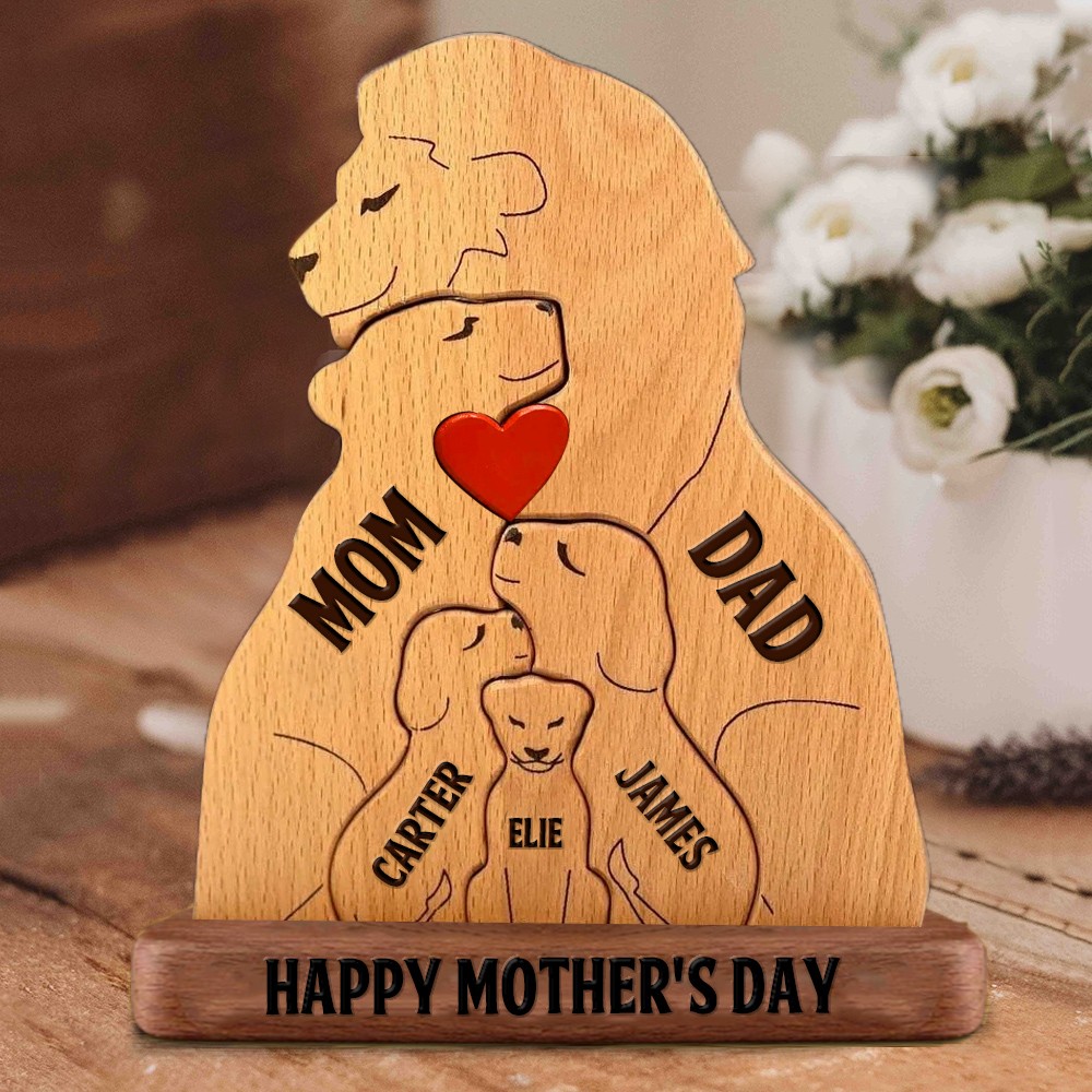 Personalized Wooden Lion Family Puzzle with Stand