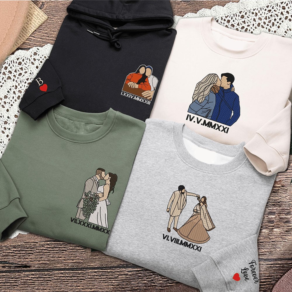 Custom Couple Embroidered Matching Sweatshirt with Portrait and Roman Numeral Anniversary Gifts Valentine's Day Gift for Her