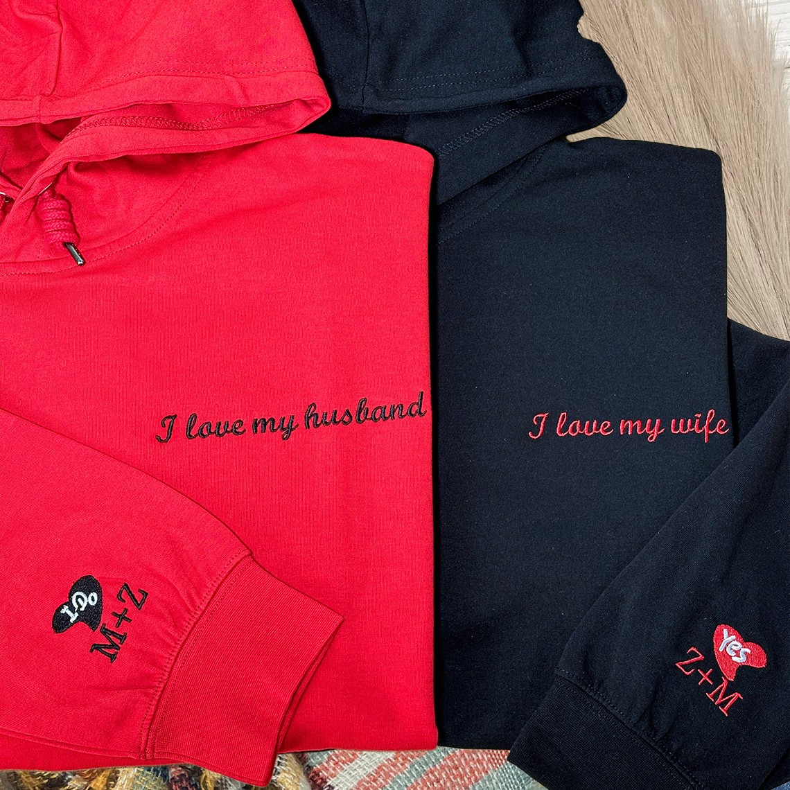 Custom Embroidered I Love My Husband Wife Hoodie Wedding Anniversary Gifts for Her Him Valentine's Day Gift Ideas