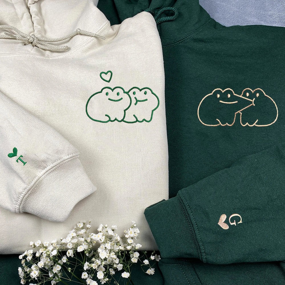 Custom Frog Couple Embroidered Matching Hoodie with Roman Date & Initials 1st Anniversary Gifts Valentine's Day Gift