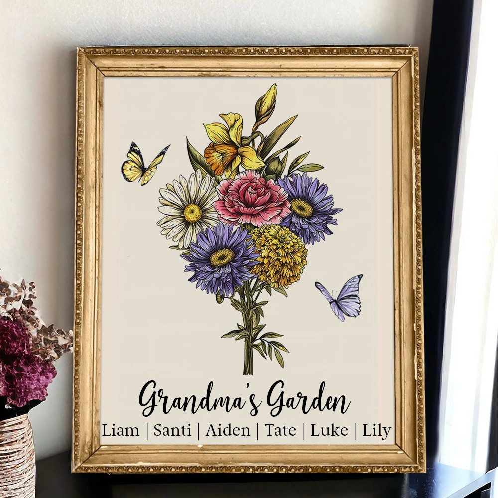 Grandma's Garden Birth Flower Bouquet Frame Sign with Grandkids Names Personalized Christmas Gift for Grandma Mom