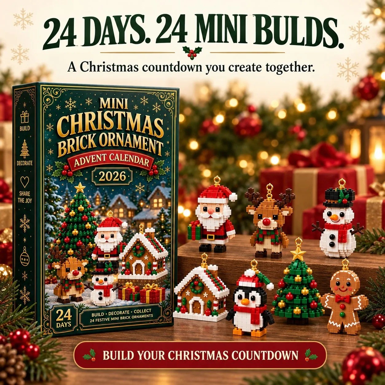 24-Day Mini Christmas Ornament Advent Calendar 24 Unique Festive Buildable Designs with Hanging Loops