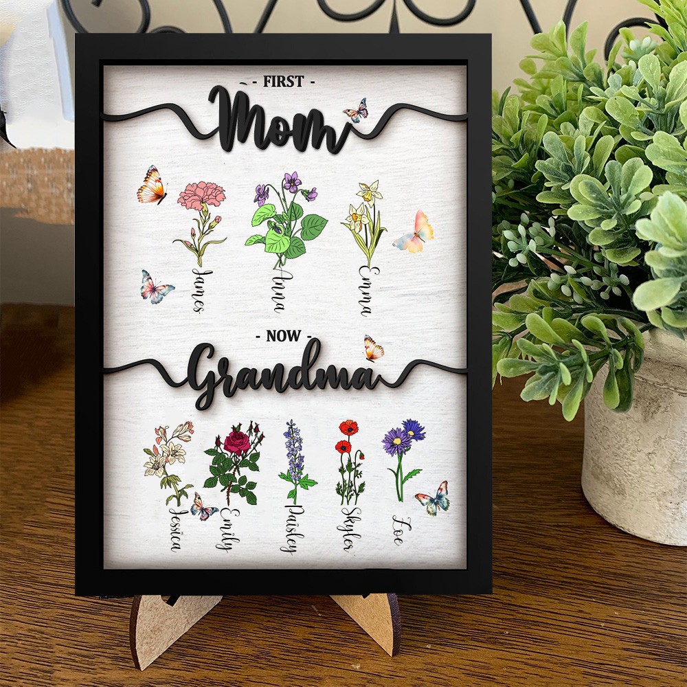 Personalized Wooden Birth Month Flowers Sign With Kids Names Keepsake Gift For Mom Grandma Mother's Day Gift