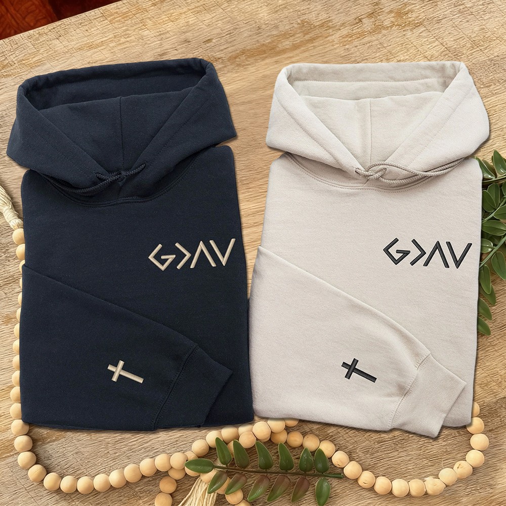 Custom God Is Greater Than The Highs And Lows Embroidered Hoodie with Cross on Sleeve Gifts for Couples Anniversary Gift