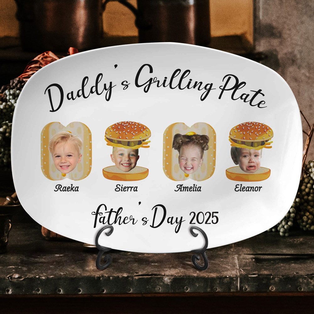 Personalized Daddy's Grilling Plate with Kids Names and Photo Unique Father's Day Gift