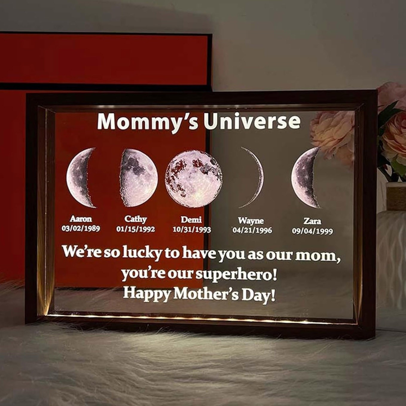 Personalized Mommy's Universe Moon Phase Night Light Frame with Kids Names Keepsake Gift for Mom Grandma Mother's Day Gift