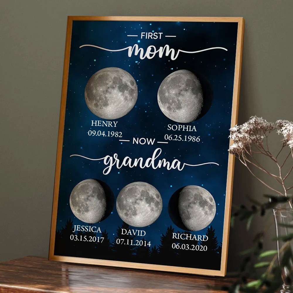 Personalized First Mom Now Grandma Moon Phase Print Frame with Kids Names Gifts for Mom Grandma Mother's Day Gift
