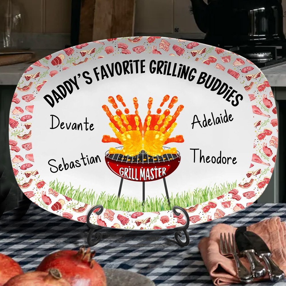Personalized Daddy's Favorite Grilling Buddies Custom Handprint BBQ Plate With Kid Names Father's Day Gift Ideas