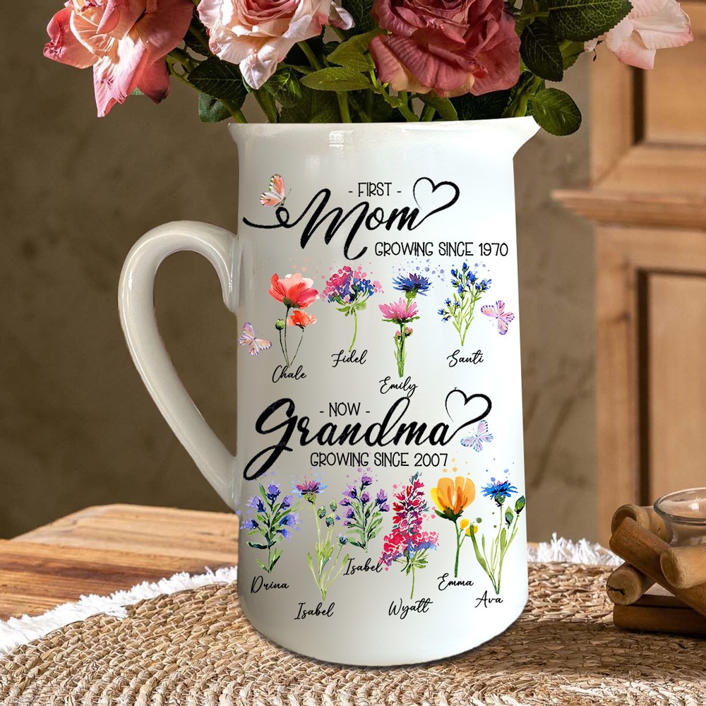 First Mom Now Grandma Birth Month Flower Vase with Kids Names Custom Gifts for Mom Grandma Mother's Day Gift