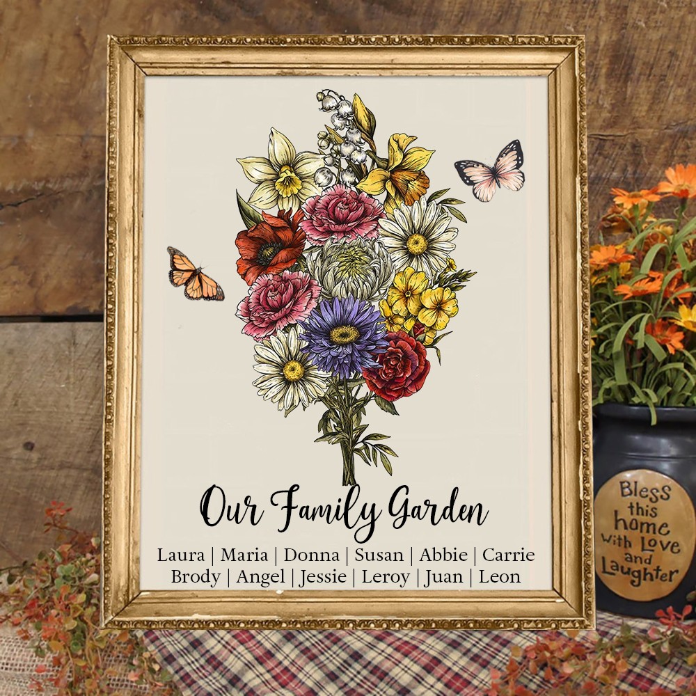 Personalized Birth Flower Family Bouquet Frame Sign with Kids Names for Mom Grandma Christmas Gift Ideas