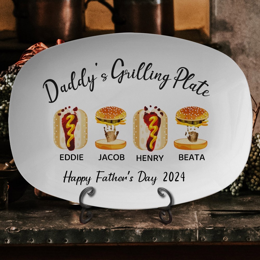Personalized Daddy's Grilling BBQ Plate With Art Print Platter Father's Day Gift Ideas