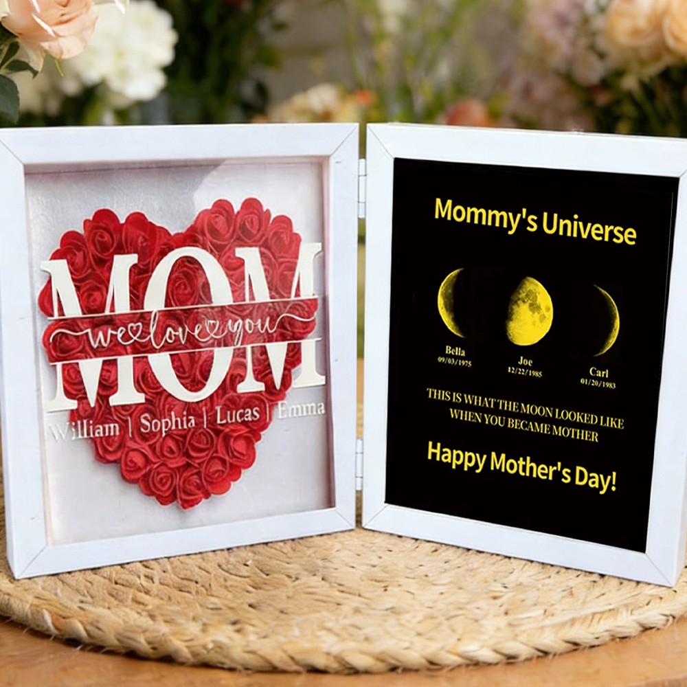 Mom Name Flower Shadow Box with Mommy's Universe Moon Phase Print Frame Personalized Gifts for Mom Grandma Mother's Day Gift