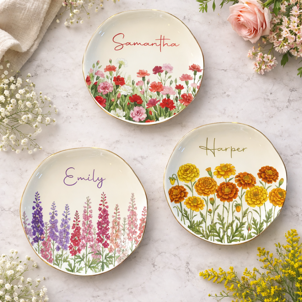 Personalized Watercolor Birth Month Flower Ring Trinket Dish Birthday Jewelry Dish Gifts for Mom Mother's Day Gift