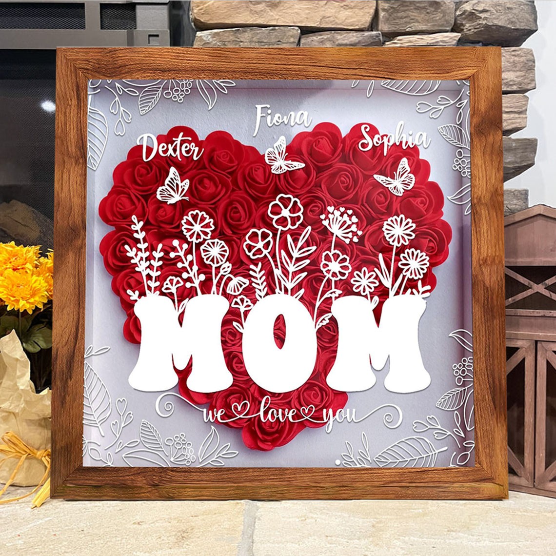 Custom Heart Flower Shadow Box with Kids Names for Mom Grandma Unique Mother's Day Gifts