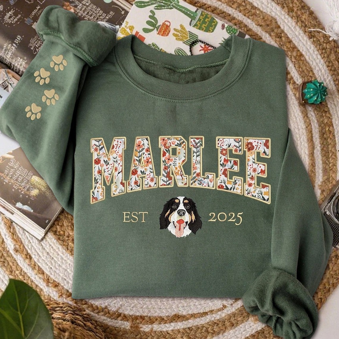 Custom Embroidered Dog Portrait Floral Sweatshirt Gifts for Dog Owners Pet Lover Gifts Christmas Gift