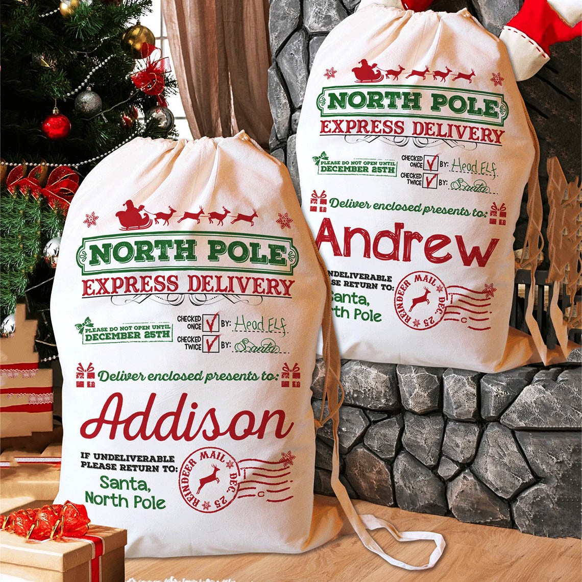 Personalized Christmas Santa Sack Bags with Name Holiday Gift Bag for Kids Unique Christmas Gift Bag