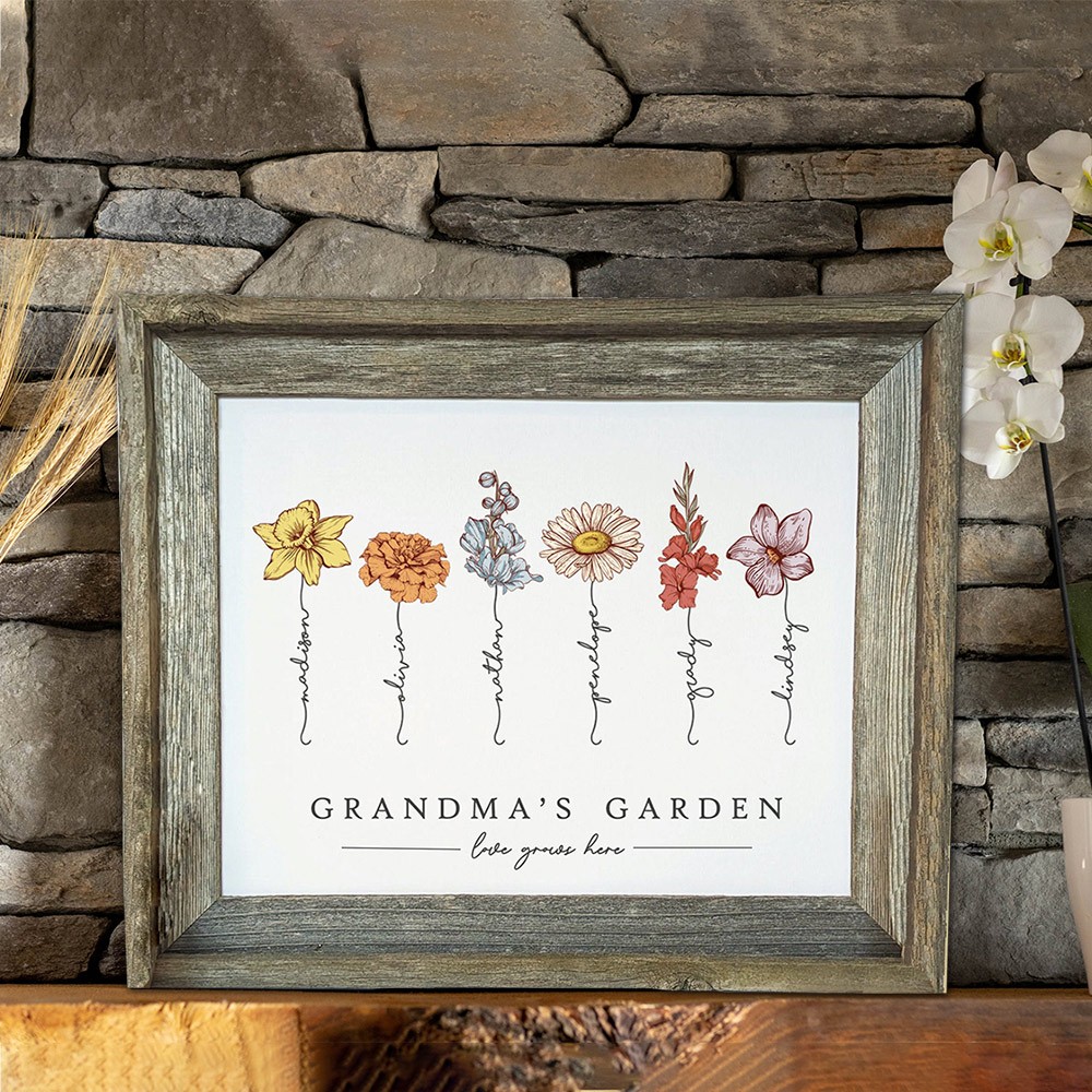 Personalized Grandma's Garden Birth Flower Frame Sign with Grandkids Names Gifts for Grandma Mom Mother's Day Gift