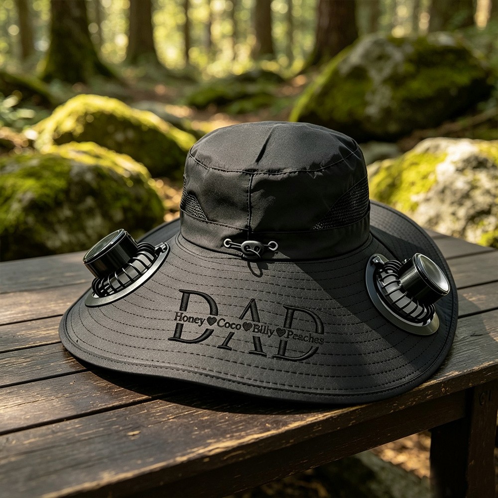 Personalized Dad Solar Fan Hat, Custom Embroidered Wide Brim Sun Protection Bucket Hat, Unique Gift for Him