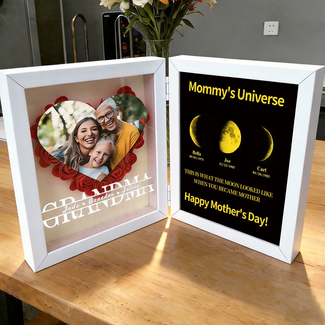 Custom Grandma Flower Shadow Box with Moon Phase Print Frame Keepsake Gifts for Grandma Mom Mother's Day Gift