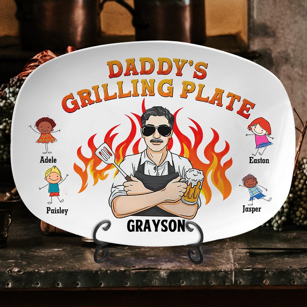 Daddy's Grilling Plate Personalized Platter with Kids Name for Dad Father's Day Gift
