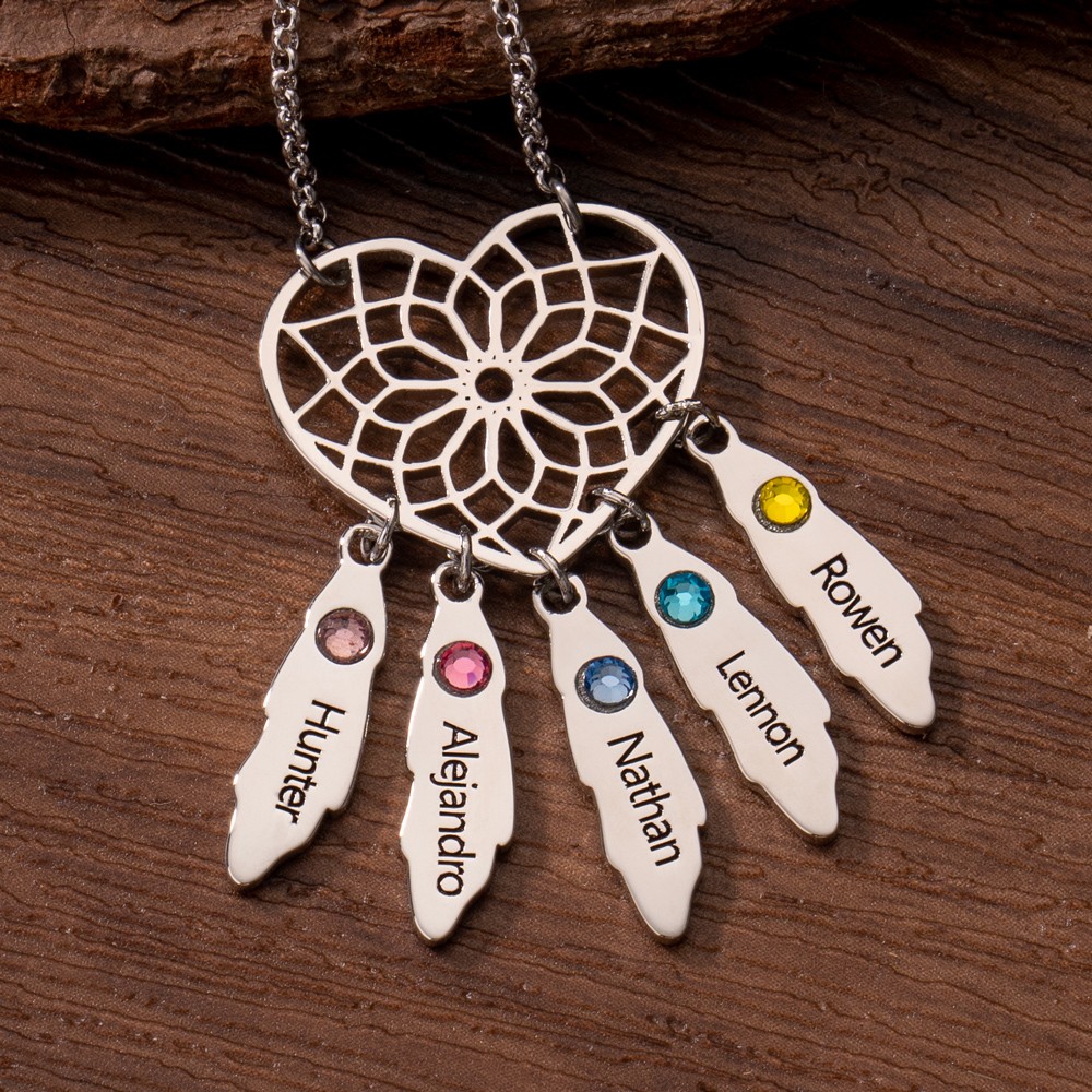 Custom Heart Flower Shaped Birthstones Necklace With Kids Names Personalized Keepsake Gifts For Mom Grandma