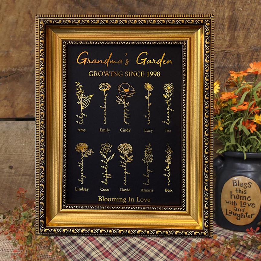 Personalized Grandma's Garden Birth Flower Frame Sign with Kids Names Gifts for Grandma Mom Unique Mother's Day Gift