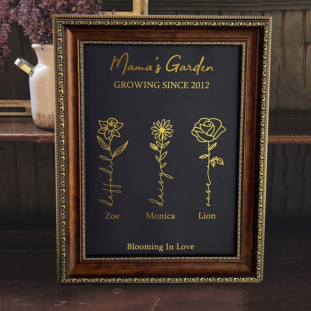 Mama's Garden Birth Month Flower Frame Sign with Kids Names Custom Gifts for Mom Grandma New Mom Gift Mother's Day Gift