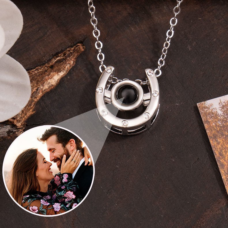Custom Horseshoe Shaped Photo Projection Necklace With Picture Inside Unique Gift For Couple