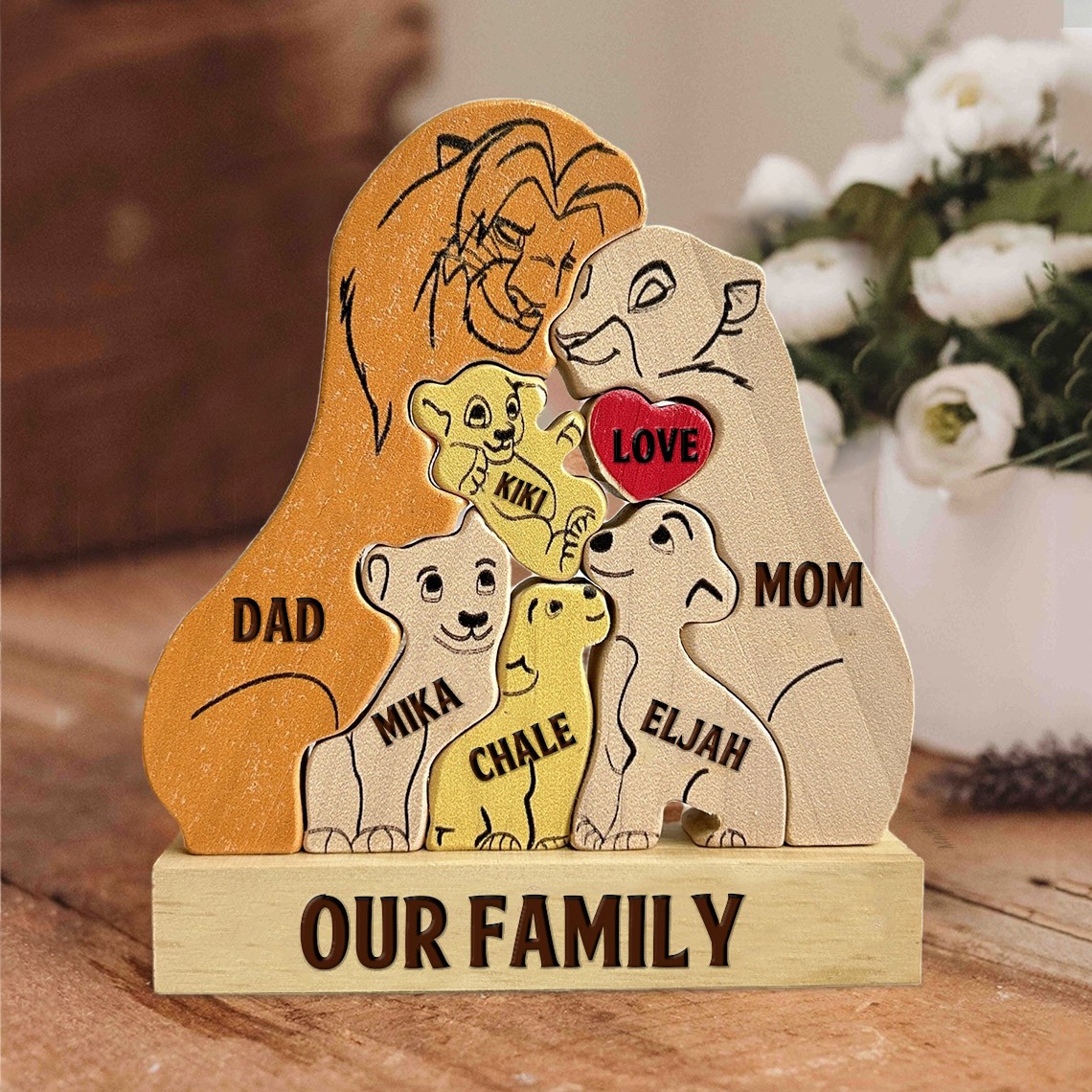 Wooden Lion Family Name Puzzle Personalized Gift for Mom Dad Family Christmas Gift Ideas