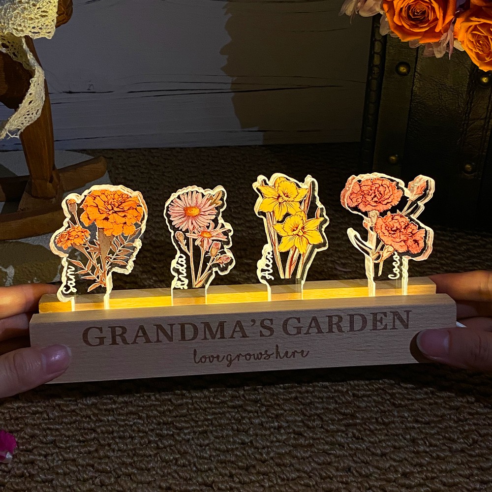 Custom Grandma's Garden Love Grows Here Birth Flower Night Light Family Keepsake Gifts for Mom Grandma Unique Mother's Day Gift