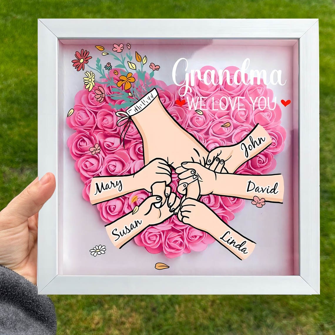 We Love You Grandma Holding Hands Flower Shadow Box with Grandkids Names Personalized Gifts for Mom Grandma Mother's Day Gift